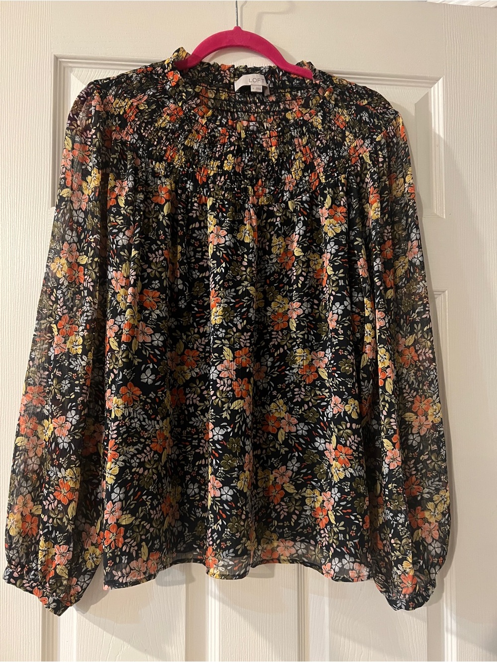 LOFT Womens Floral Navy Smocked Sheer Lined Long Sleeve Shirt Size Medium
